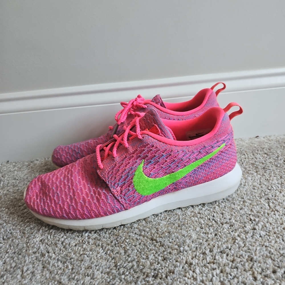 Nike Flyknit Roshe Run Pink Flash Lime ✅ Sz 9.5 677243-601 Volt Blue Miami Night